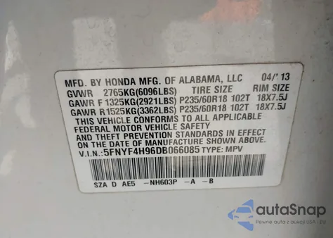 2013 Honda Pilot Touring z USA, uszkodzony, nr VIN 5FNYF4H96DB066085